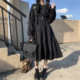 Girlary Japanese Harajuku Women Black Midi Dress Gothic Style Suspenders Bandage Dress Vintage Ruffles Long Baggy Cosplay Costume