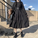 Girlary Japanese Harajuku Women Black Midi Dress Gothic Style Suspenders Bandage Dress Vintage Ruffles Long Baggy Cosplay Costume