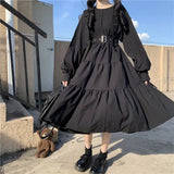 Girlary Japanese Harajuku Women Black Midi Dress Gothic Style Suspenders Bandage Dress Vintage Ruffles Long Baggy Cosplay Costume