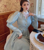 Girlary Elegant Woman Blue Dress Vintage French Style Puff Sleeve Half High Collar Patchwork Lace Retro Princess Dresses Vestido Festa