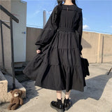 Girlary Japanese Harajuku Women Black Midi Dress Gothic Style Suspenders Bandage Dress Vintage Ruffles Long Baggy Cosplay Costume