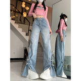 2000s fashion Retro High Waist Split Jeans for Women Spring and Autumn Trendy Ins New Slimming Wide Leg Pants