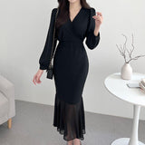 k drama dress to impress Chic Early Spring French Elegant Cross V-neck Lace-up Waist Puff Sleeve Fishtail Dress Midi Dress for Women