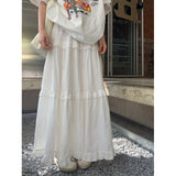 curvy casual outfits 2024 Spring Sweet Elastic Waist Pleated Wooden Ear Layered Cake Skirt White Long Large Swing Skirt