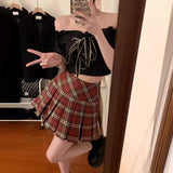 Girlary-shop fall outfits 2024 Retro American-Style Red Plaid Pleated Skirt Spring and Summer Hot Girl JK Skirt Preppy Style A- line Skirt