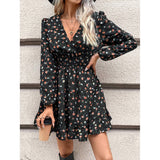 Girlary-shop teacher outfits Spring and Autumn New French Floral Print Lantern Sleeve Ruffled Hem Dress