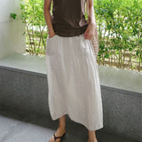 2000s fashion Linen Large Slit Culottes One-Piece Women's Spring and Summer Loose plus Size Casual Cropped Pants Fake Two-Piece Cotton Linen Wide-Leg Pants Skirt