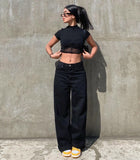 Girlary-shop masc outfits Pure Black Loose High Waist Mopping Jeans Trousers Ink Black Ins Casual Versatile Slimming Wide Leg Pants for Women