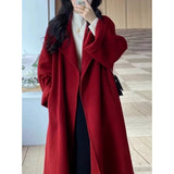 barn jacket outfits Red Woolen Coat Women's Mid-Length 2024 Spring and Autumn New Loose Woolen Coat