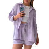 going out outfits 2024 Women's Ruffle Lapel Long Sleeve Shirt High Waist Drawstring Shorts Fashion Casual Two-Piece Set