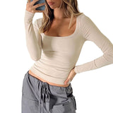 outfit ideas for school New Spring and Summer Solid Color Square Collar Long Sleeve Bottoming T-shirt Women's Clothing