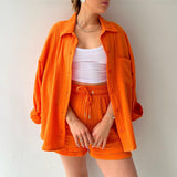 going out outfits 2024 Women's Ruffle Lapel Long Sleeve Shirt High Waist Drawstring Shorts Fashion Casual Two-Piece Set