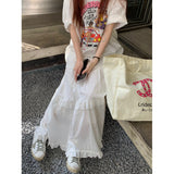 curvy casual outfits 2024 Spring Sweet Elastic Waist Pleated Wooden Ear Layered Cake Skirt White Long Large Swing Skirt