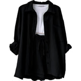 going out outfits 2024 Women's Ruffle Lapel Long Sleeve Shirt High Waist Drawstring Shorts Fashion Casual Two-Piece Set