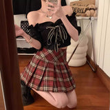 fall outfits 2024 Retro American-Style Red Plaid Pleated Skirt Spring and Summer Hot Girl JK Skirt Preppy Style A- line Skirt