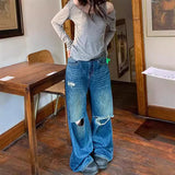 Girlary-shop western outfits women Retro Distressed High Waist Straight Ripped Jeans Women's Small Loose Slimming Wide Leg Pants Draping Mop Pants