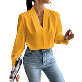 =business casual outfits for women 2024 Spring, Autumn and Winter New Long-Sleeved Shirt V-neck Solid Color Loose Top Autumn Shirt