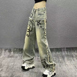 2000s fashion Chubby Girl American Style Personalized Printed Frayed Straight Jeans Women's plus Size Hong Kong Style Retro Loose Slimming Wide-Leg Trousers