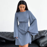 Girlary-shop birthday outfit 2024 Fashion Satin Dress Sexy Bell Sleeve Spring and Summer New High Waist Commuter A- line Skirt for Women