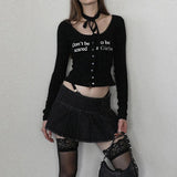 Girlary Goth Dark Harajuku Gothic Knitted Women Blouses Y2k Korean Fashion Single Breasted T-shirts Sexy Print Skinny Lace Hem Crop Tops