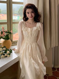 Girlary Elegant Solid Fairy Midi Dresses Korean Fashion Ruffles Slim Wasit A Line Clothing Autumn Women Princess Evening Party Vestidos