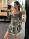 Girlary Women Streetwear Casual Two Pieces Set Y2K Aesthetic Lace Patchwork Hooded Top Grunge Fairy Drawstring Pleated Short Skirts Suit