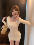 Girlary Autumn Elegant Slim Knitting Lace Dress Women Sexy Bodycon Y2k Mini Dress Casual Short Party Korean Fashion Dress Design