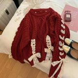 Girlary Red Pullover Women With Bow Design Knitted Versatile Loose Round Neck Spring Autumn Korean Style Casual New Style Chic