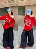 Girlary Red Sweatshirt Women Hooded Letter Print Fashion Hip Hop Oversized Leisure Vintage Lazy Wind Winter Long Sleeves Tops Pullover