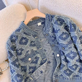 Girlary Small Fragrance Y2k Jackets Crop Top Tassel Star Print Single Breasted Denim Coat Autumn All Match Design Vintage Women Clothing