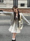 Girlary Korean Fashion Grey Cardigans Women Sweet Gil Bow Bandage Coquette Knitted Sweater Mujer Casual Long Sleeve Tops Autumn