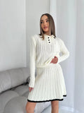 Girlary Women's Solid Knitted Pullover Skirt Sets Turndown Collar Sweater Long Sleeve Slim Sweaters with Short Skirts Elegant Women Sets