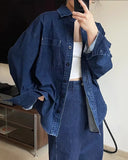 Girlary Spring/Summer Women's Casual Solid Color Polo Neck Long Sleeve Pocket Decoration Denim Shirt