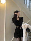 Girlary Sexy Black Knitting Female Mini Dress Chic Chain Buttons Slim V-neck Fashion Women's Dresses Solid Color Winter Dresses