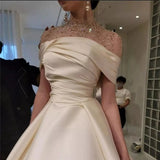 Girlary Customized Champagne High-Neck Beaded Short Sleeves Satin Prom Dresses 2024 A-Line Floor Length Zipper Custom Made Bridal Gown