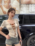 Girlary Off Shoulder Blackless T Shirts Women Sexy Coquette Aesthetic Crop Tops Wooden Beaded Solid Long Sleeve Tees 2024 New