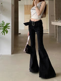 Girlary Korean Fashion Flare Low Waist Jeans Trousers 2024 New Pattern Streetwear Casual Button Black Jeans Y2K Full Length