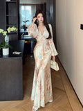 Girlary Spring Summer Floral Satin Long Sleeve V-Neck Dress Women Luxury Elegant Ruffled Mermaid Dress Korean Bodycon Evening Dress