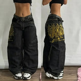 Girlary Y2K Vintage 90s Fashion Wing Pattern Baggy Jeans Women's New Harajuku Gothic High Waist Wide Leg Wide Trousers