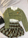 Girlary Autumn Winter France Retro Slim 2-piece Set Women Design Sweet Long Sleeve Knit Sweater Female + Plaid High Waist Petal Skirt