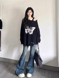 Girlary Women's Black Gothic Pullover Knitted Sweater Harajuku Korean Y2k Long Sleeves Jumper Sweaters Vintage 2000s Clothes 2024 Autumn