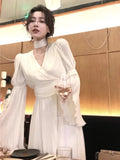 Girlary Autumn Solid Pleated Long Dresses for Women Halter V-neck Flare Sleeve Wedding Party Dress Korean Fashion One Piece Vestidos New