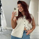 Girlary Summer Knitted Cardigans Women Elegant Fashion Button Sleeveless Cardigan Solid Basic Casual Vacation Holiday Tops 2024 Gray