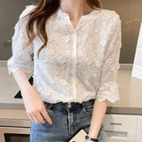 Girlary Summer New Elegant Lace Shirt Woman Casual White Embroidery Floral Ladies Tops Fashion New Short Sleeve Blouse Women Blusas