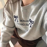 Girlary Korean Casual Bow Knot Shirts Letter Embroidery Long Sleeve Pullovers Tops O-neck Plush Sweatshirts Solid Loose Shirts For Women