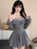 Girlary Korean Sweet Mini Dress Sexy Gray Off Shoulder Long Sleeves Lace-up A-Line Party Dresses Y2K Female One Piece Vestidos Mujer New