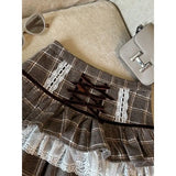 Girlary Kawaii Ruffle Lace Plaid Skirts Women Sweet Elegant Mini Skirt Cutecore Autumn Winter Patchwork A-line Short Skirts