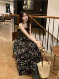 Girlary Y2k Korean Style One Piece Floral Dress Women Vintage Elegant Layered High Waist Black Long Slip Fairy Dresses Summer