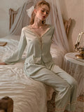 Girlary Sexy Sleepwear Women's New Spring and Autumn Ice Silk Pure Desire Style Lace Pants Home Suit Set Summer