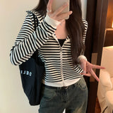 Girlary Autumn New Women Zipper Striped Hoodies Jacket Loose Casual Long Sleeved Short Hooded Sweatshirts Coat Fashionable Versatile